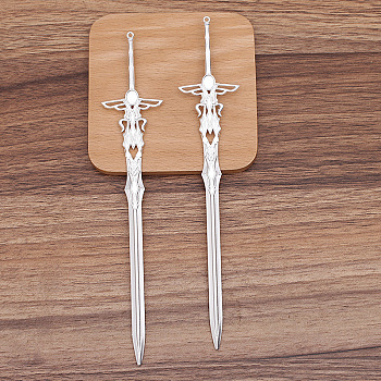 Alloy Sword Hair Sticks, with Loop, Cabochon Settings, Long-Lasting Plated Hair Accessories for Women, Platinum, 198x36mm, Tray: 6x8mm.