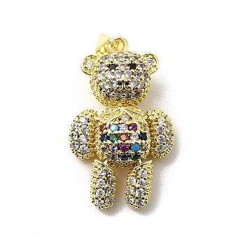 Brass Micro Pave Clear Cubic Zirconia Pendants, Bear, Real 18K Gold Plated, Colorful, 30.5x18.5x10mm