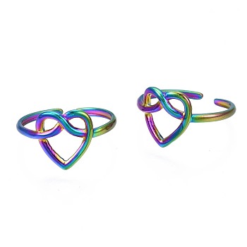 304 Stainless Steel Heart Wrapped Cuff Ring, Rainbow Color Open Ring for Women, US Size 7 3/4(17.9mm)