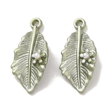 Tibetan Style Alloy Pendants, with ABS Imitation Pearl, Leaf, Antique Bronze, 26x12x6.5mm, Hole: 1.6mm