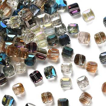 Faceted Cube Electorplated Glass Beads, Rainbow Plated, Mixed Color, 9x9x9mm, Hole: 1mm