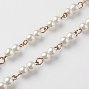 Handmade Glass Pearl Beaded Chains, Unwelded, for Necklaces Bracelets Making, with Iron Eye Pin, Antique Bronze, Creamy White, 39.37 inch(1m)