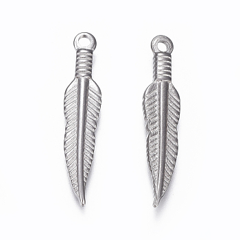 304 Stainless Steel Pendants, Feather, Stainless Steel Color, 27~29x6x2.5mm, Hole: 1.6mm