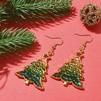 Glass Beaded Christmas Tree Dangle Earrings, Golden Alloy Jewelry, Green, 64x34mm