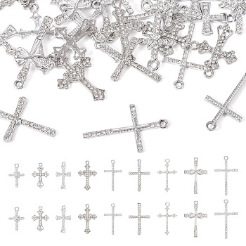 36Pcs 9 Styles Religion Themed Alloy Pendants, with Crystal Rhinestone, Cross Charms, Platinum, 25.5~34x15~21x2~4mm, Hole: 1.8~2.3mm, 4pcs/style