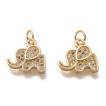 Brass Micro Pave Clear Cubic Zirconia Charms, Cadmium Free & Lead Free, Long-Lasting Plated, with Jump Ring, Elephant, Golden, 11.5x12x2mm, Jump Ring: 5x1mm, 3mm Inner Diameter