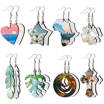 8 Sets 8 Style DIY Sublimation Blank Earring Making Finding Kit, Including MDF Wooden Earring Charm, Sublimation Printing Unfinished Earring Blank Charm, 304 Stainless Steel Earring Hooks, White, 29.5~79.5x25.5~43x3.5mm, Hole: 2mm, Pin: 0.7mm and 0.8mm, 1 set/style