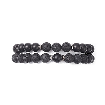 2Pcs 2 Style Natural Rosewood & Lava Rock Round Beaded Stretch Bracelets Set for Women, Black, Inner Diameter: 2-1/4 inch(5.7cm), 1Pc/style