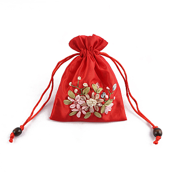 Flower Pattern Satin Jewelry Packing Pouches, Drawstring Gift Bags, Rectangle, Red, 14x10.5cm