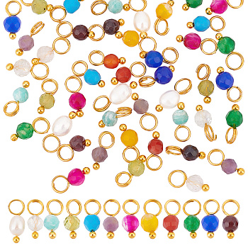 48Pcs 12 Styles Charms Sets, Including Natural & Synthetic Gemstone Faceted Round Charms and Natural Cultured Freshwater Pearl Rice Charms, with Golden Tone Brass Loops, 10x3.5~4x2.5~4mm, Hole: 3mm, 4pcs/style