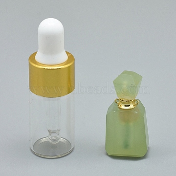 Faceted Natural Jade Openable Perfume Bottle Pendants, with Brass Findings and Glass Essential Oil Bottles, 30~40x14~18x11~14mm, Hole: 0.8mm; Glass Bottle Capacity: 3ml(0.101 fl. oz); Gemstone Capacity: 1ml(0.03 fl. oz)(G-E556-04A)
