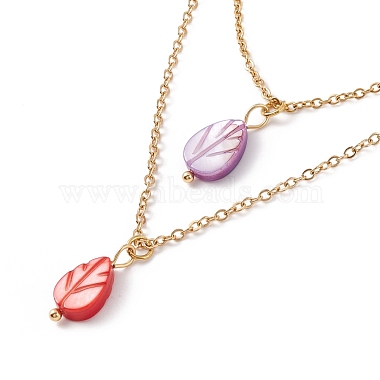 Synthetic Shell Leaf Pendant Double Layer Necklaces and Dangle Stud Earrings(SJEW-F217-04G)-3
