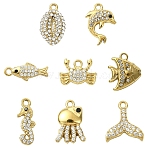8Pcs 8 Styles 304 Stainless Steel Charms, with Cubic Zirconia, Ion Plating(IP), Golden, 9~14.5x5.5~12x2.5~5mm, Hole: 1.2~1.5mm, 1pc/style(STAS-YW0003-33)