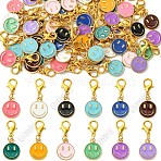 Alloy Enamel Pendant Decorations, with Zinc Alloy Lobster Claw Clasps, Flat Round with Smile Face, Mixed Color, 27mm, 36pcs/set(HJEW-YW00107)