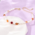 Natural Carnelian Chip and Rice Natural Pearl Beaded Bracelets, Brass Pave Cubic Zirconia Bracelets, Real 18K Gold Plated, Long-Lasting Plated, Rack Plating, Lead Free & Cadmium Free, 6.50 inch(16.5cm)(GG-CBA3297-13G-A)