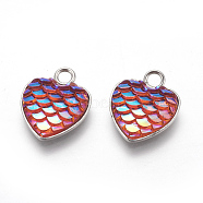 304 Stainless Steel Pendants, with Resin, Heart with Fish Scale Shape, Stainless Steel Color, Orange Red, 16x13x3.5mm, Hole: 2mm(STAS-F184-B05)