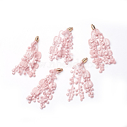 CCB Plastic Big Pendants, with Lace, Flower, Golden, Misty Rose, 70~90x6mm, Hole: 1.6mm(CCB-G011-A02)