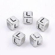 Plated Acrylic Beads, Horizontal Hole, Cube with Letter, Antique Silver, Letter.L, 6mm, Hole: 3mm(X1-PB43C9308-L)