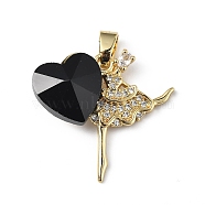 Real 18K Gold Plated Rack Plating Brass Micro Pave Clear Cubic Zirconia Pendants, with Glass, Long-Lasting Plated, Cadmium Free & Lead Free, Dancer with Heart Charm, Black, 23x24.5x8.2mm, Hole: 5x3.2mm(KK-C015-15G-03)