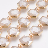 Electroplate Glass Beads Strands, Faceted, with Golden Tone Brass Edge, Full Plated, Hexagon & Round, Rosy Brown, 15x14~15x7~8mm, Hole: 1mm, about 10pcs/strand, 7.8 inch(20cm)(EGLA-P043-B04)