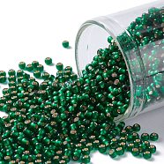 TOHO Round Seed Beads, Japanese Seed Beads, (36F) Matte Silver Lined Emerald Green, 11/0, 2.2mm, Hole: 0.8mm, about 1110pcs/bottle, 10g/bottle(SEED-JPTR11-0036F)