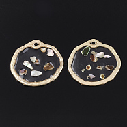 Epoxy Resin Pendants, with Shell and Alloy Findings, Flat Round, Colorful, Matte Gold Color, 21.5x23x1mm, Hole: 1.5mm(RESI-S365-27)
