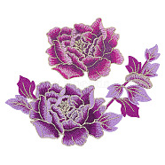 2Pcs 2 Style Peony Polyester Embroidery Sew on Clothing Patches, Flower Applique, Sewing Craft Decoration, Dark Orchid, 90~215x113~182x1~1.5mm, 1pc/style(PATC-NB0001-11A)