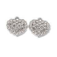 Alloy Rhinestone Pendants, Platinum, Heart Charm, Crystal, 17x17x4mm, Hole: 2mm(ALRI-K049-14A)