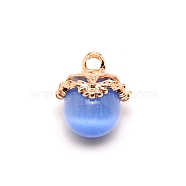 Cat Eye Glass Charms, with Brass Finding, Round, Cornflower Blue, 14~15x12~13mm, Hole: 2mm(CE-TAC0001-01KCG-05)