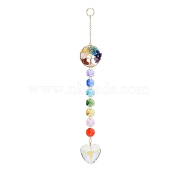 Natural & Synthetic Mixed Gemstone Tree with Glass Window Hanging Suncatchers, Golden Brass Tassel Pendants Decorations Ornaments, Heart, 245mm(HJEW-JM00853-01)