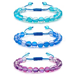 3Pcs Round Synthetic Moonstone Braided Bead Bracelets, Gemstone Jewelry for Women, Blue, Inner Diameter: 1-7/8~3-1/4 inch(4.8~8.3cm)(BJEW-SW00061-02)
