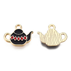 Alloy Enamel Pendants, Light Gold, Kettle, Black, 14x17x2mm, Hole: 2mm(ENAM-S119-048A)