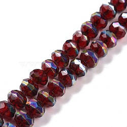 Transparent Electroplate Glass Beads Strands, Faceted, Rondelle, Half Rainbow Plated, Dark Red, 7.5~8x6.5mm, Hole: 1.4mm, about 65pcs/strand, 16.54 inch(42cm)(GLAA-F122-02A)