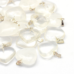 Glass Imitation Quartz Crystal Pendants, Heart, with Platinum Tone Brass Findings, Clear, 20~22x20~21x5~8mm, Hole: 2x7mm(GLAA-XCP0002-07)