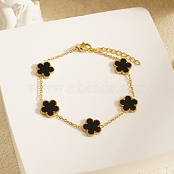 Acrylic Flower Link Chain Bracelet, Real 18K Gold Plated Stainless Steel Bracelet, Black, 6-3/4 inch(17cm)(XT3040-1)