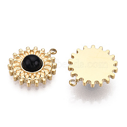 Natural Black Onyx(Dyed & Heated) Pendants, 304 Stainless Steel Gear Charms, Real 14K Gold Plated, 17.5x15x5mm, Hole: 1.5mm(STAS-T064-24B-G)