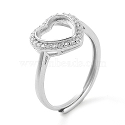 Heart Adjustable 925 Sterling Silver Ring Components, with Cubic Zirconia, Open Bezel Setting, Real Platinum Plated, US Size 7 1/4(17.5mm)(STER-G042-05P)