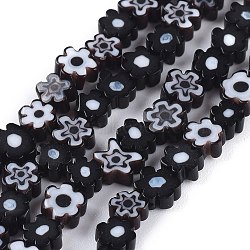 Handmade Millefiori Glass Bead Strands, Flower, Black, 4~7.2x2.6mm, Hole: 1mm, about 60~69pcs/Strand, 16 inch(40cm)(X-LAMP-J035-6mm-01)
