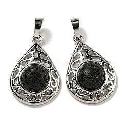 Natural Lava Rock Pendants, Rack Plating Brass Hollow Teardrop Charms, Cadmium Free & Lead Free, Platinum, 29.5x19.5x7.5mm, Hole: 7.5x5mm(G-Q158-05P-28)