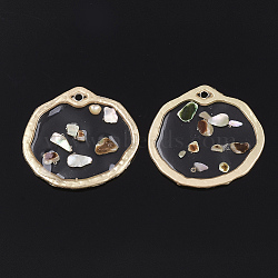 Epoxy Resin Pendants, with Shell and Alloy Findings, Flat Round, Colorful, Matte Gold Color, 21.5x23x1mm, Hole: 1.5mm(RESI-S365-27)