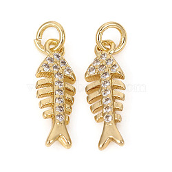 Brass Micro Pave Cubic Zirconia Charms, with Jump Rings, Fishbone, Clear, Golden, 14.7x4.7x1.6mm, Jump Rings: 4x0.8mm, 2mm inner diameter(ZIRC-L096-01G)