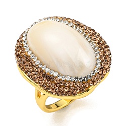 Natural Shell Oval Open Cuff Ring with Rhinestone, Brass Ring for Women, Golden, US Size 9(18.9mm)(RJEW-D005-04G)