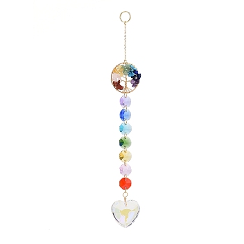 Natural & Synthetic Mixed Gemstone Tree with Glass Window Hanging Suncatchers, Golden Brass Tassel Pendants Decorations Ornaments, Heart, 245mm