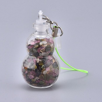 Transparent Glass Wishing Bottle Pendant Decoration, with Natural Tourmaline Chips inside, Plastic Plug, Nylon Cord and Iron Findings, Gourd, 111~130mm