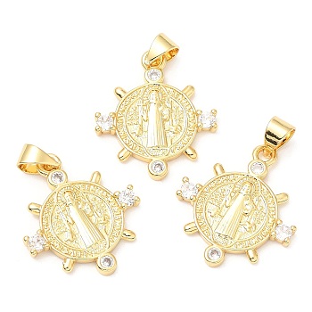 Rack Plating Brass Micro Pave Cubic Zirconia Pendants, Long-Lasting Plated, Lead Free & Cadmium Free, Saint, Real 18K Gold Plated, 20.5x18x2.5mm, Hole: 4x3mm