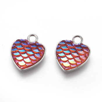 304 Stainless Steel Pendants, with Resin, Heart with Fish Scale Shape, Stainless Steel Color, Orange Red, 16x13x3.5mm, Hole: 2mm