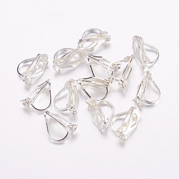 Brass Clip-on Earring Findings, for non-pierced ears, Silver Color Plated, about 6mm wide, 13mm long, 8mm thick