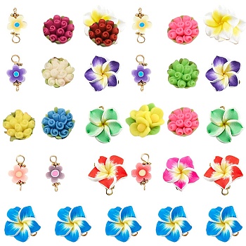 SUNNYCLUE 60Pcs 3 Style Handmade Polymer Clay Links Connectors, with Golden Brass Findings, Mixed Flower, Mixed Color, 9.5x18.5x4mm, Hole: 2~3mm, 20pcs/style