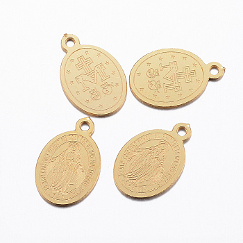 Ion Plating(IP) 304 Stainless Steel Charms, Oval with Virgin Mary, Golden, 14x9x0.8mm, Hole: 1mm