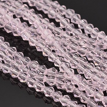 Bicone Glass Beads Strands, Faceted, Pearl Pink, 4x4mm, Hole: 1mm, about 92~96pcs/strand, 13.78~14.37 inch